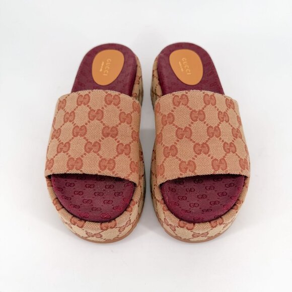 Gucci Angelina Beige GG Logo Canvas Platform Slide Sandals Size 38 US 8 Women's - Picture 2 of 15